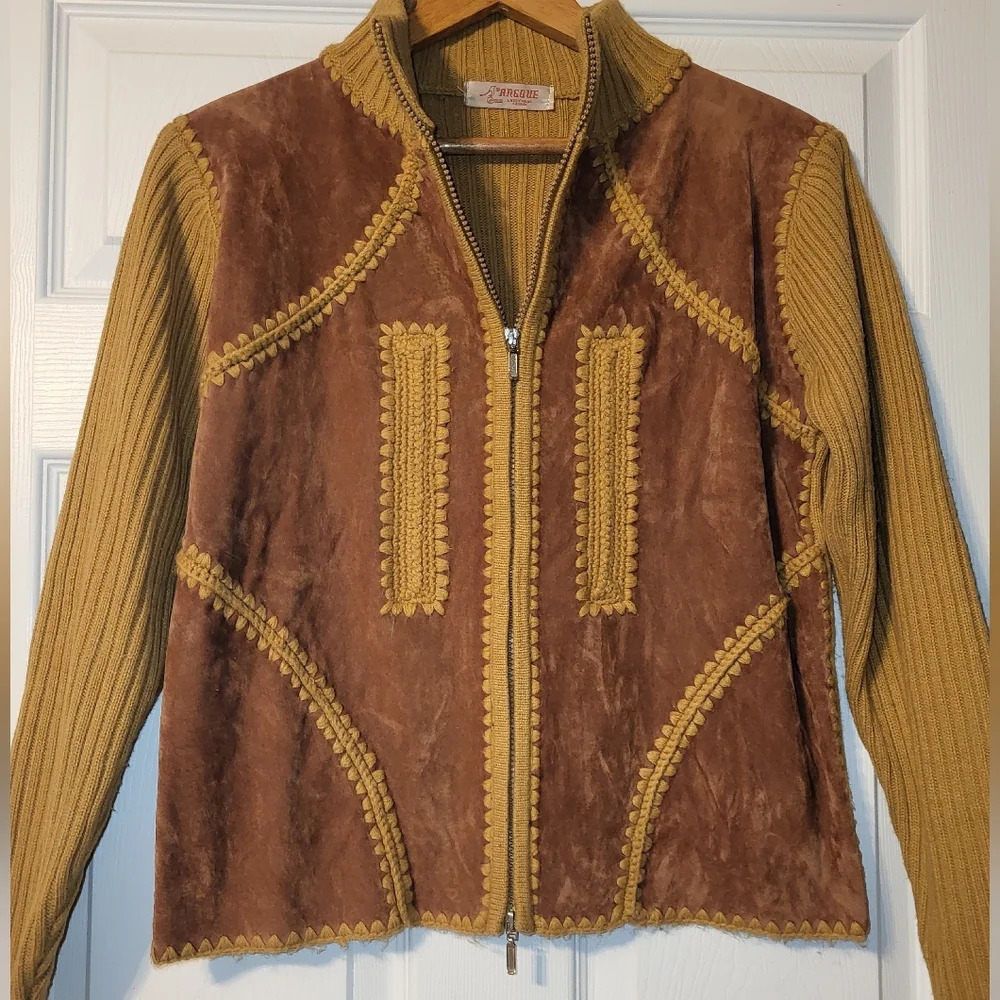 Angque Vintage Zip Sweater Jacket Rust Gold‎ Brown Braiding Fall Mockneck Hippie